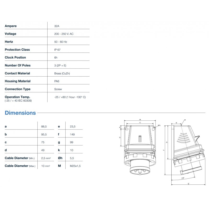 Силовая вилка накладная, 32А, 2P+E, 200–250В AC, IP67, TP Electric (3125-312-0900)
