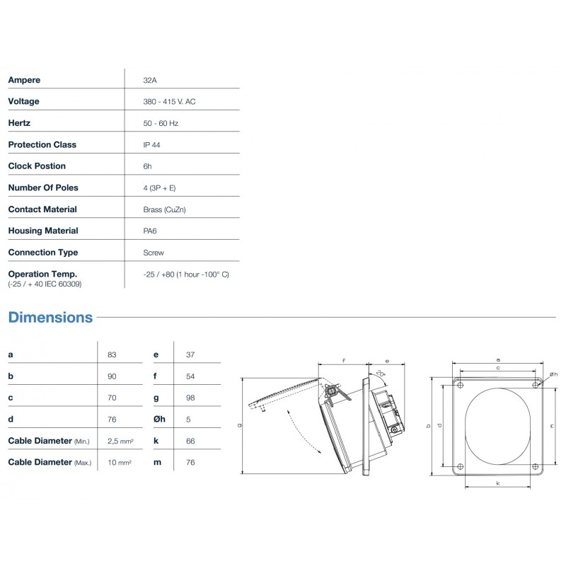 Силовая розетка фланцевая с наклоном, 32А, 3P+E, 380–415В AC, IP44, TP Electric (3126-309-1600)