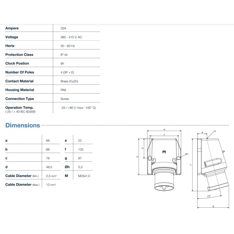 Силовая вилка накладная, 32А, 3P+E, 380–415В AC, IP44, TP Electric (3126-312-1600)