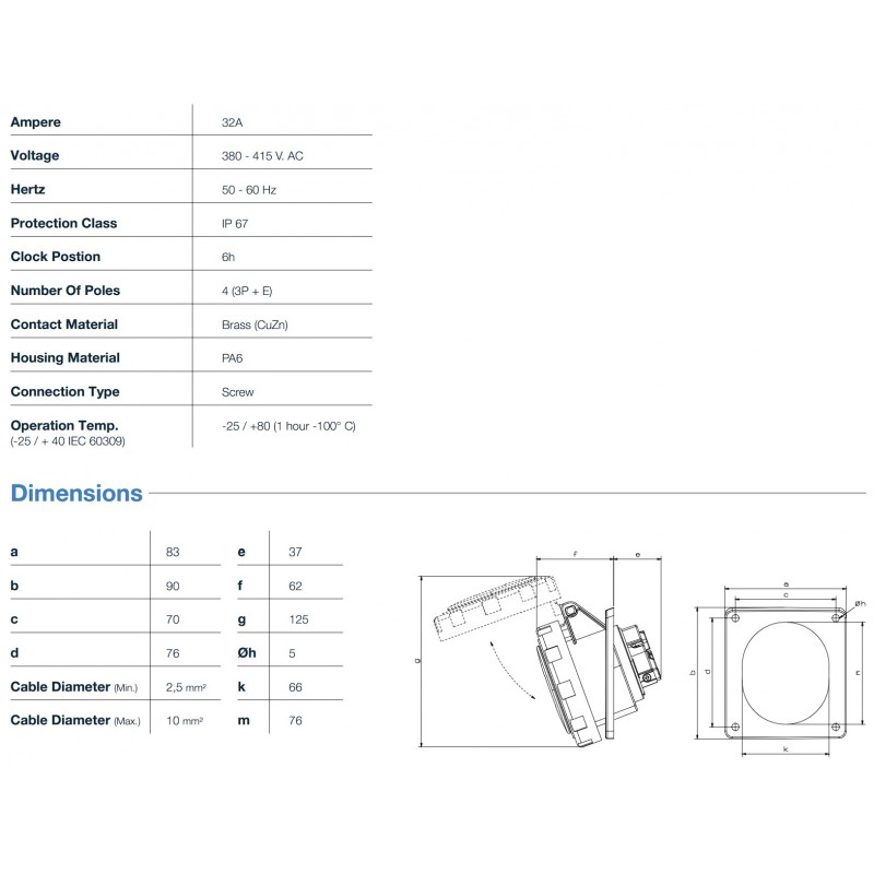 Силовая розетка фланцевая с наклоном, 32А, 3P+E, 380–415В AC, IP67, TP Electric (3127-309-1600)