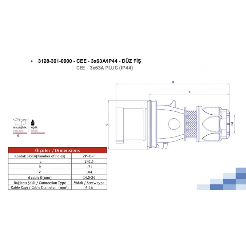 Силовая вилка кабельная, 63А, 2P+E, 200–250В AC, IP44, TP Electric (3128-301-0900)