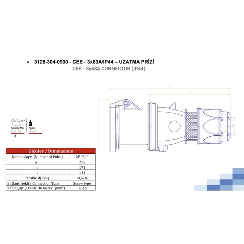 Силовая розетка кабельная, 63А, 2P+E, 200–250В AC, IP44, TP Electric (3128-304-0900)