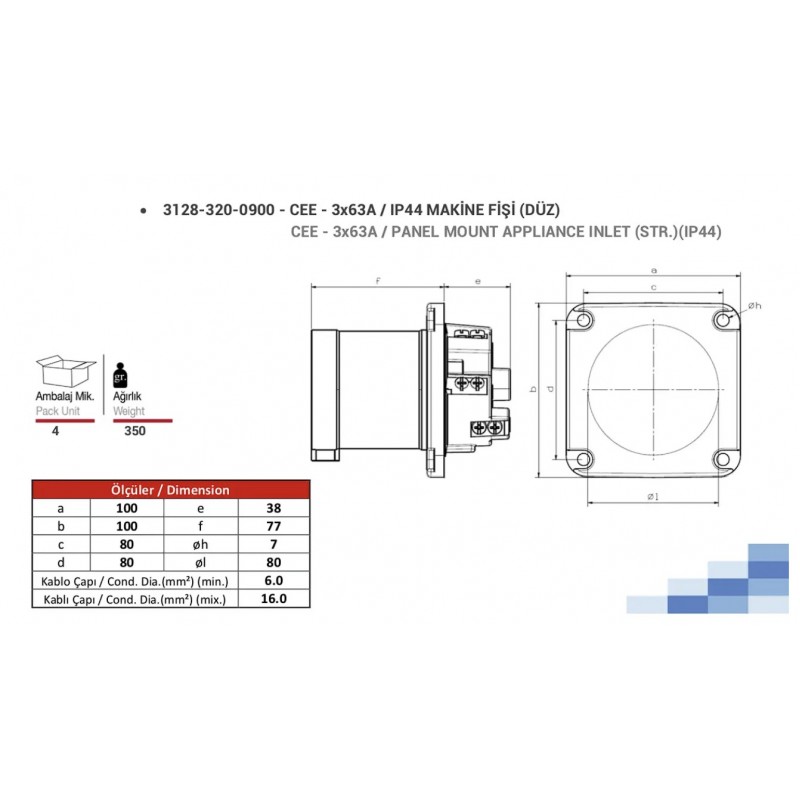 Силовая вилка фланцевая, 63А, 2P+E, 200–250В AC, IP44, TP Electric (3128-320-0900)