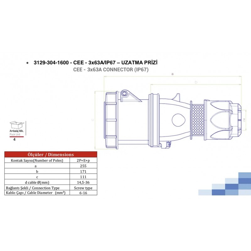 Силовая розетка кабельная, 63А, 2P+E, 200–250В AC, IP67, TP Electric (3129-304-0900)