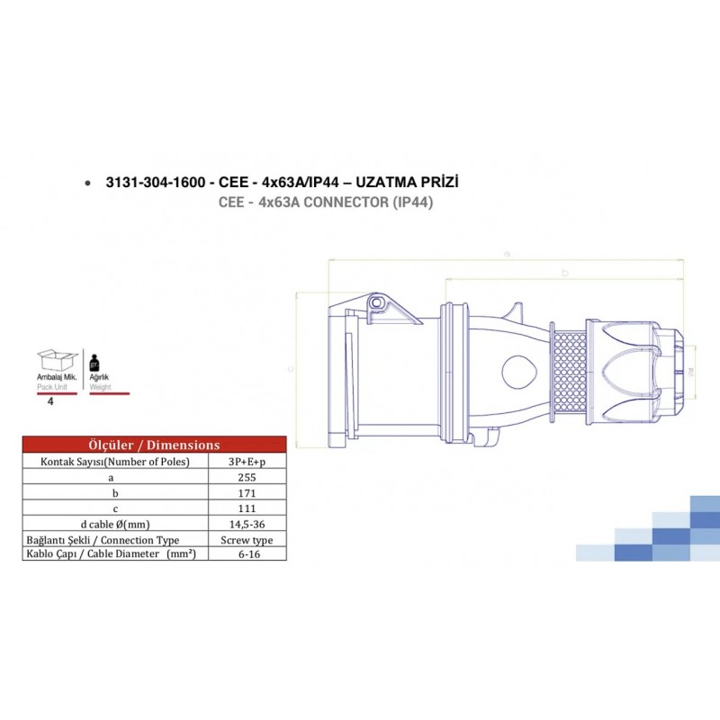 Силовая розетка кабельная, 63А, 3P+E, 380–415В AC, IP44, TP Electric (3131-304-1600)
