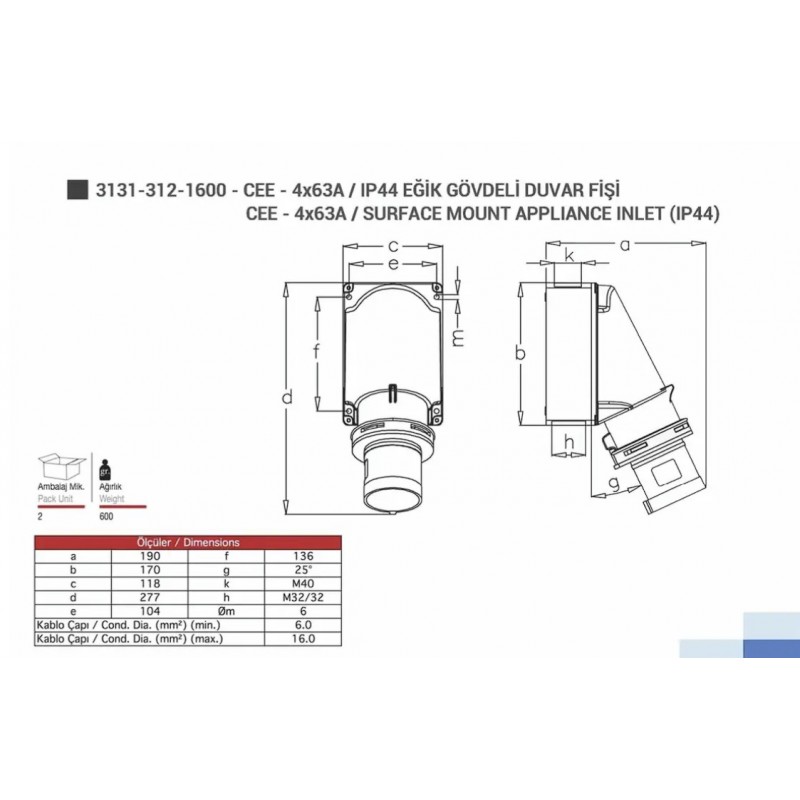 Силовая вилка накладная, 63А, 3P+E, 380–415В AC, IP44, TP Electric (3131-312-1600)