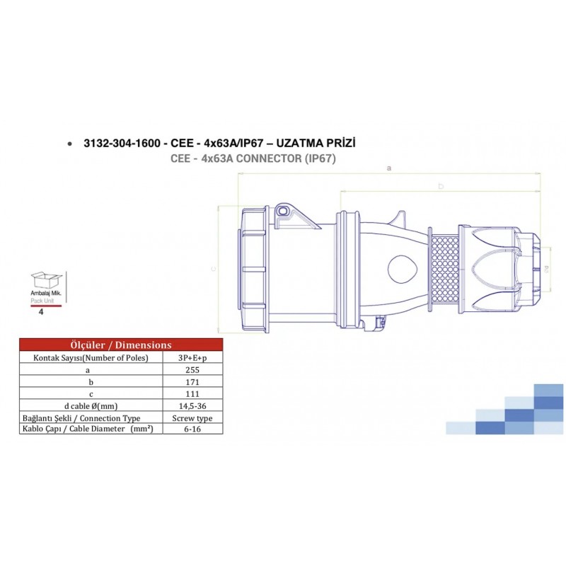 Силовая розетка кабельная, 63А, 3P+E, 380–415В AC, IP67, TP Electric (3132-304-1600)