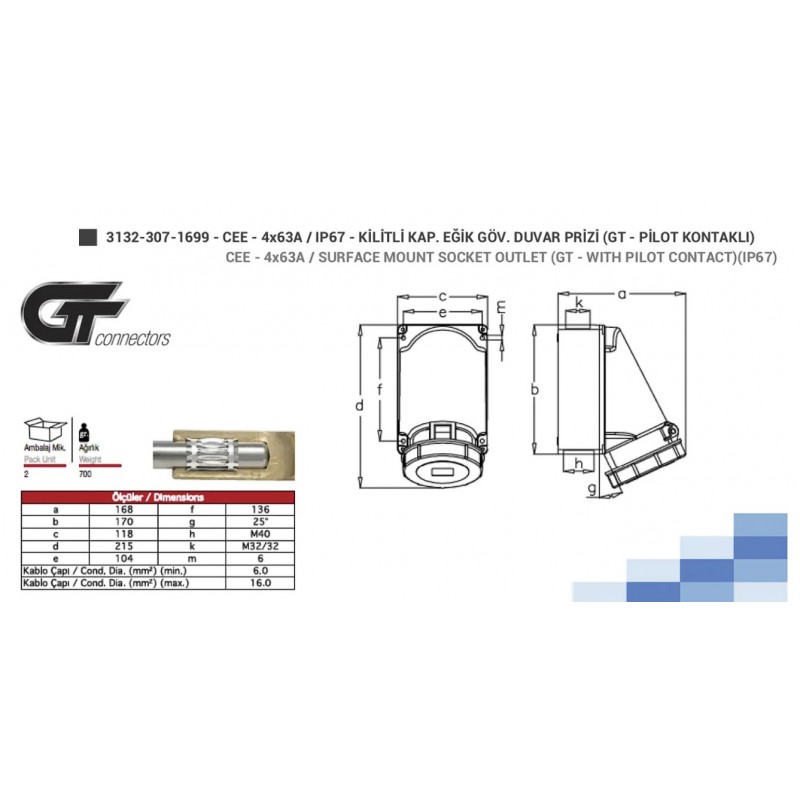Силовая розетка накладная GT, 63А, 3P+E, 380–415В AC, IP67, TP Electric (3132-307-1699)