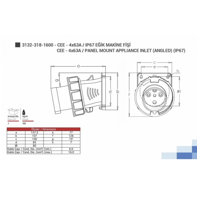 Силовая вилка фланцевая с наклоном, 63А, 3P+E, 380–415В AC, IP67, TP Electric (3132-318-1600)