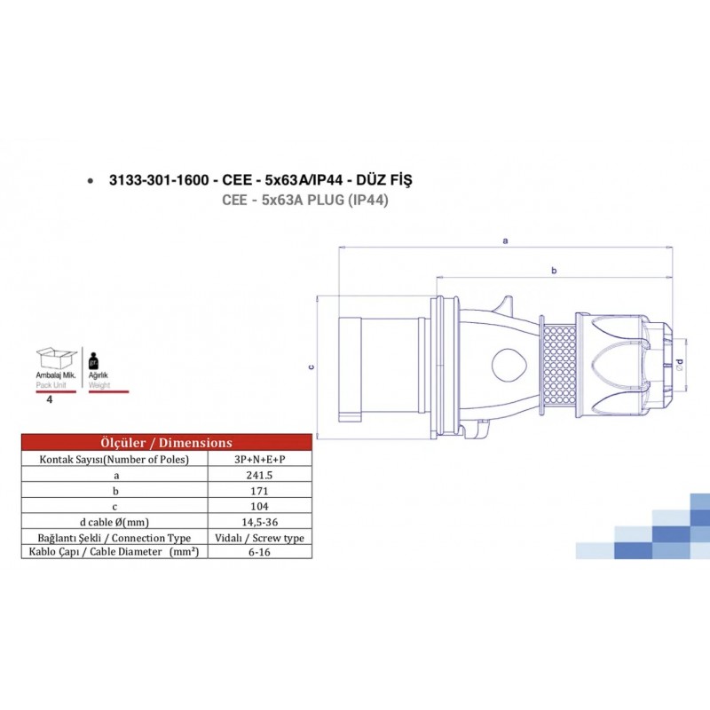Силовая вилка кабельная, 63А, 3P+N+E, 380–415В AC, IP44, TP Electric (3133-301-1600)