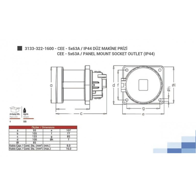 Силовая розетка фланцевая, 63А, 3P+N+E, 380–415В AC, IP44, TP Electric (3133-322-1600)