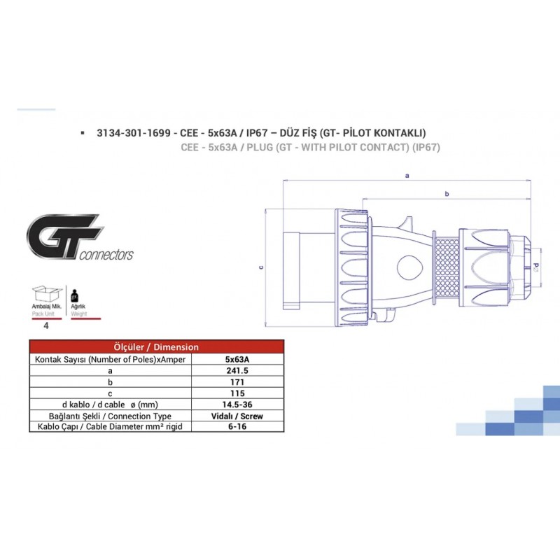 Силовая вилка кабельная GT, 63А, 3P+N+E, 380–415В AC, IP67, TP Electric (3134-301-1699)