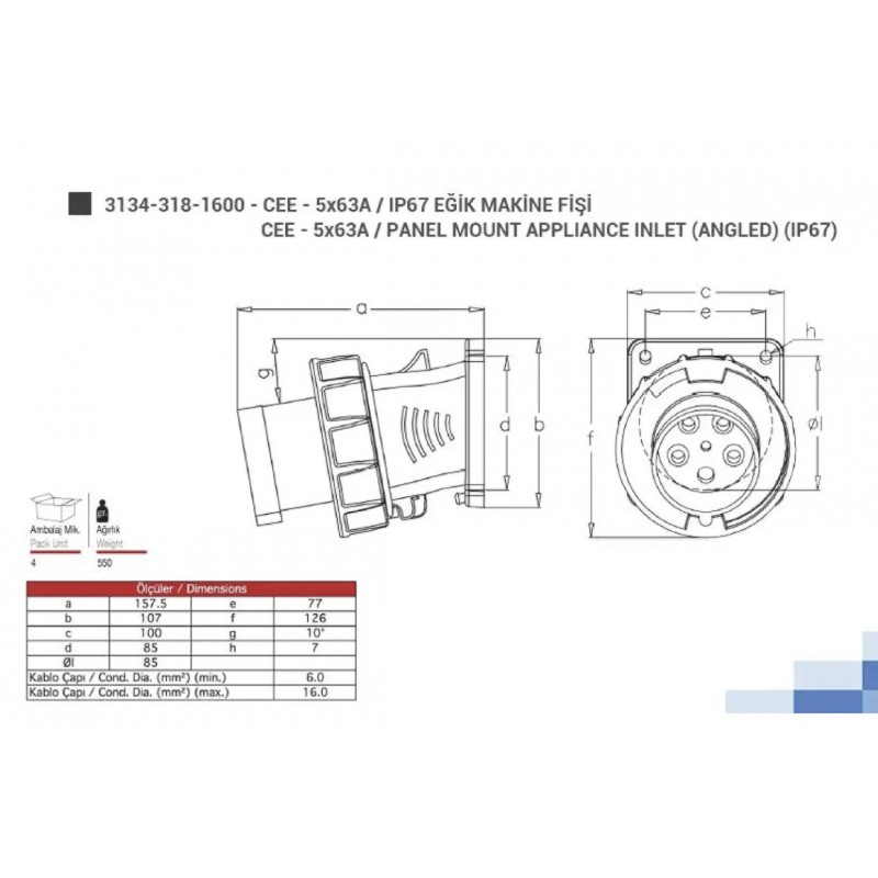 Силовая вилка фланцевая с наклоном, 63А, 3P+N+E, 380–415В AC, IP67, TP Electric (3134-318-1600)