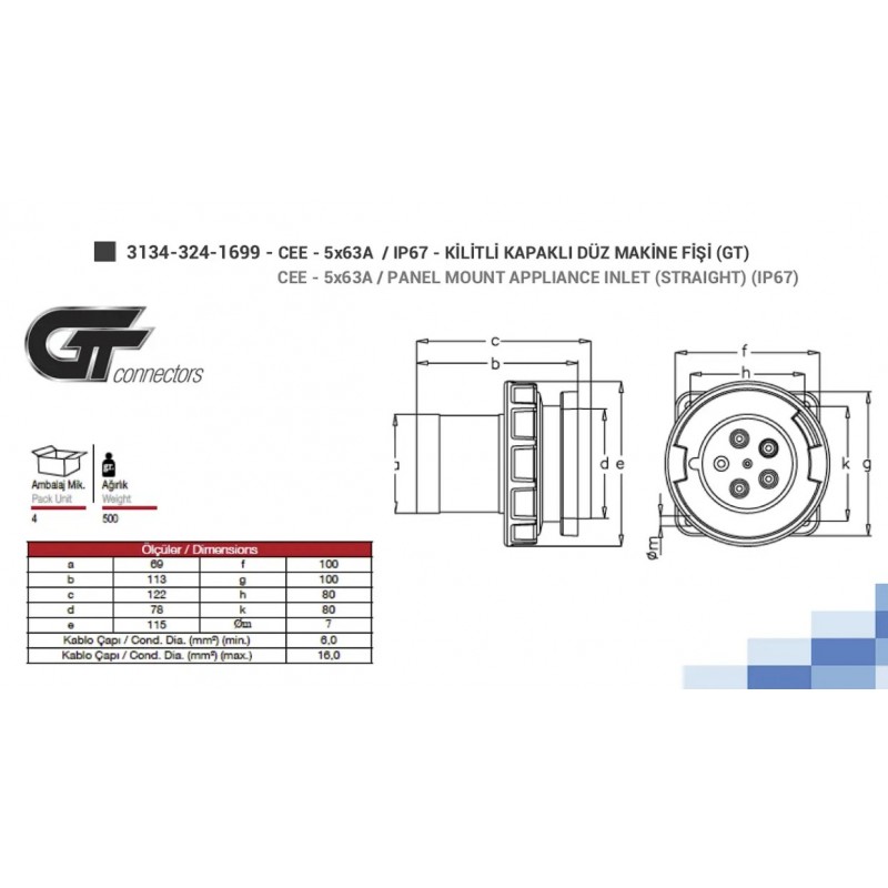 Силовая вилка фланцевая GT, 63А, 3P+N+E, 380–415В AC, IP67, TP Electric (3134-320-1699)