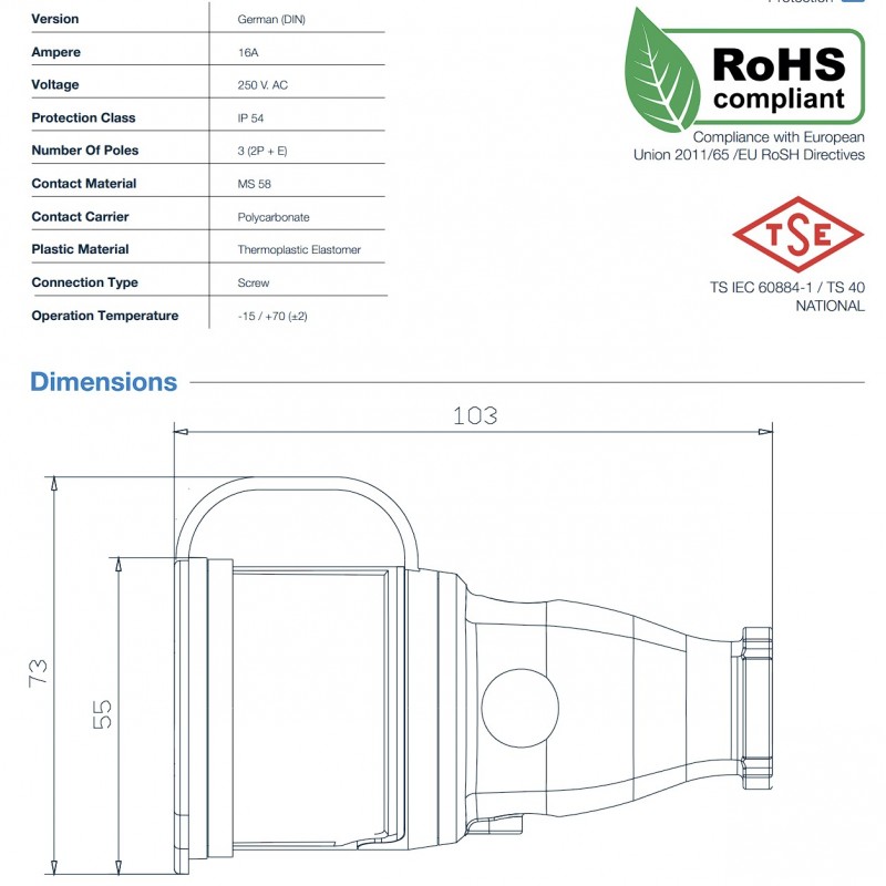Кабельная розетка SCHUKO 2P+E, 250В AC, 16А, IP44, синий, TP Electric (3101-304-0900)