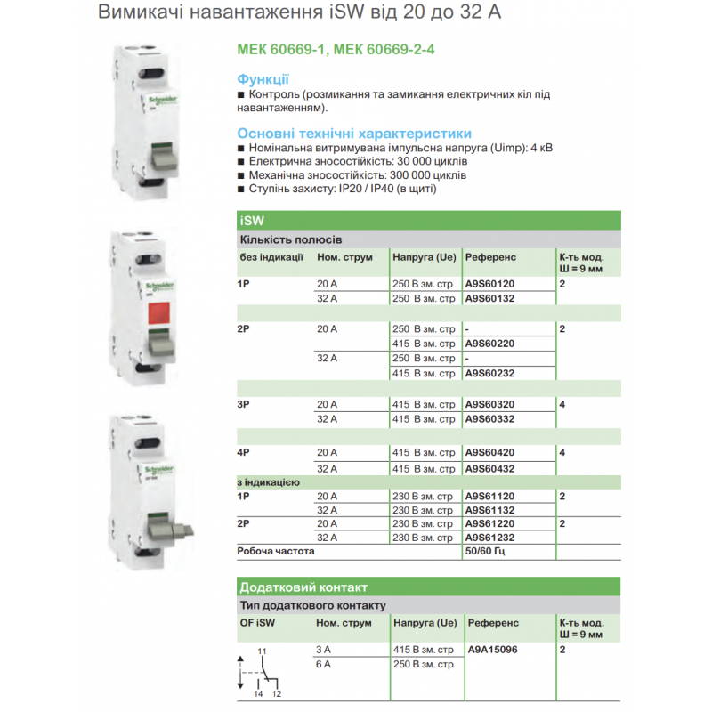 A9S60120 - Выключатель нагрузки iSW, 1P Ith-20 A, Ue-250 В АС, Schneider Electric