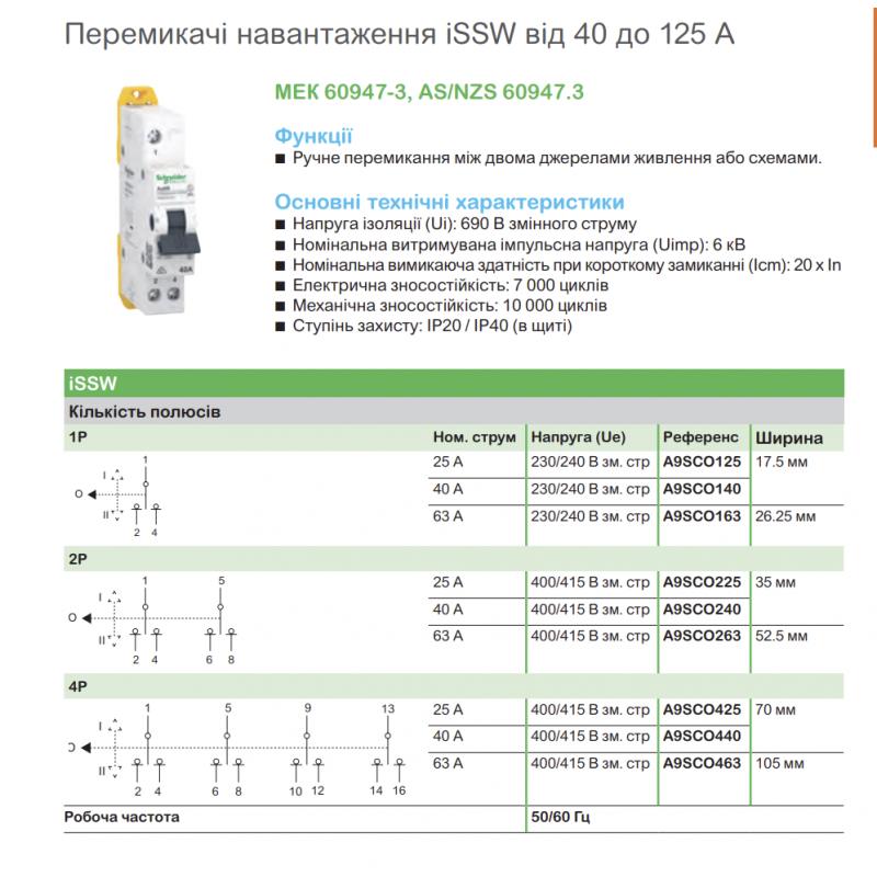 A9SCO140 - Переключатель нагрузки iSSW, 1P Ith-40 A, Ue-230 В АС, Schneider Electric