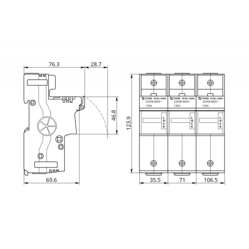 510608 - Держатель цилиндрического предохранителя RT18L-125X, 1P, 125 A, 22×58 мм, 690 В AC, индикация, TAKEL