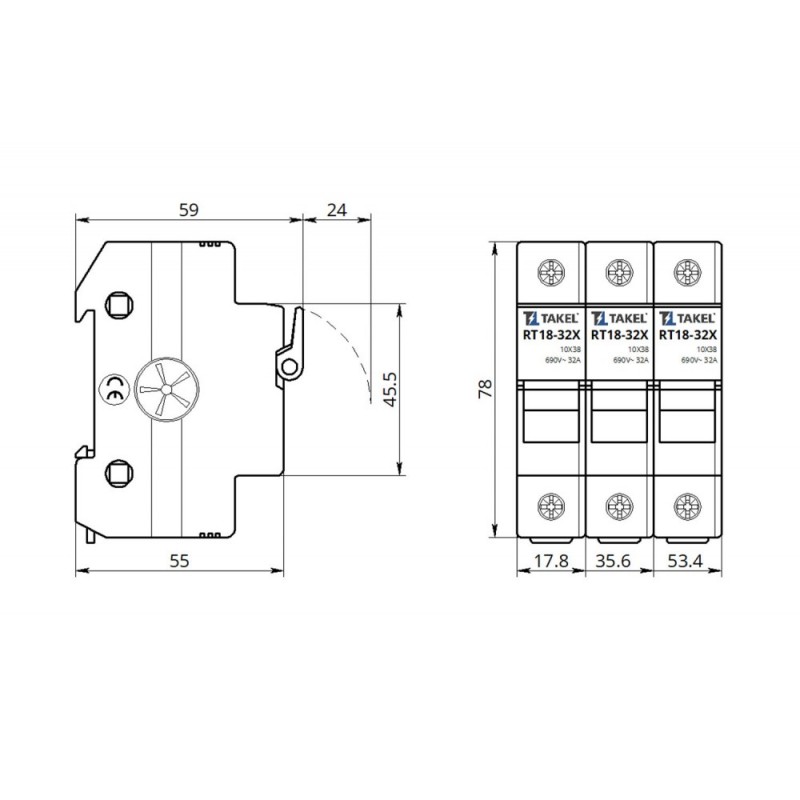510612 - Держатель цилиндрического предохранителя RT18-20X, 1P, 20 A, 8.5×31.5 мм, 690 В AC, индикация, TAKEL