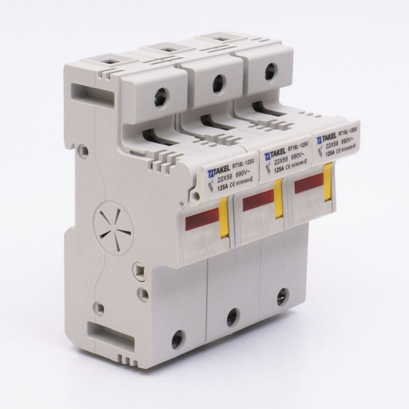 510610 - Держатель цилиндрического предохранителя RT18L-125X, 3P, 125 A, 22×58 мм, 690 В AC, индикация, TAKEL