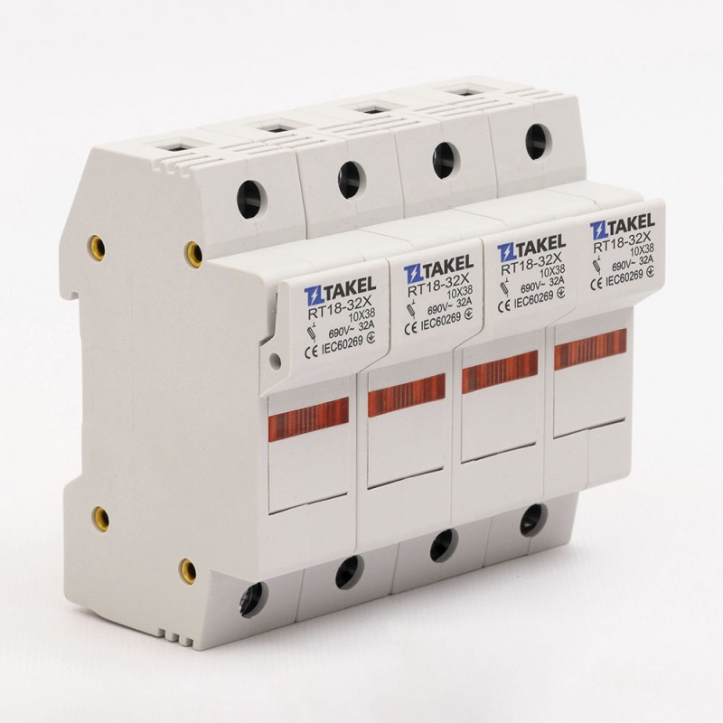 510619 - Держатель цилиндрического предохранителя RT18-32X, 4P, 32 A, 10×38 мм, 690 В AC, индикация, TAKEL