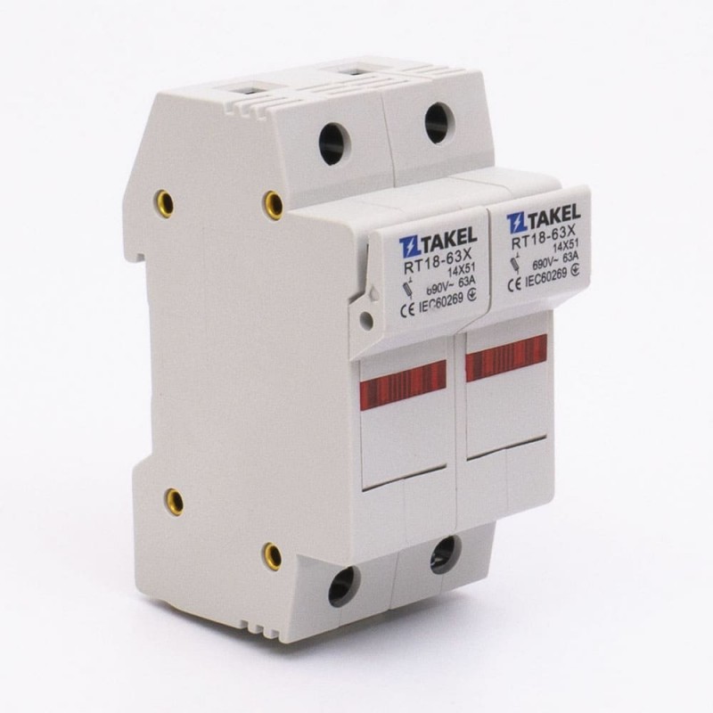 510621 - Держатель цилиндрического предохранителя RT18-63X, 2P, 63 A, 14×51 мм, 690 В AC, индикация, TAKEL