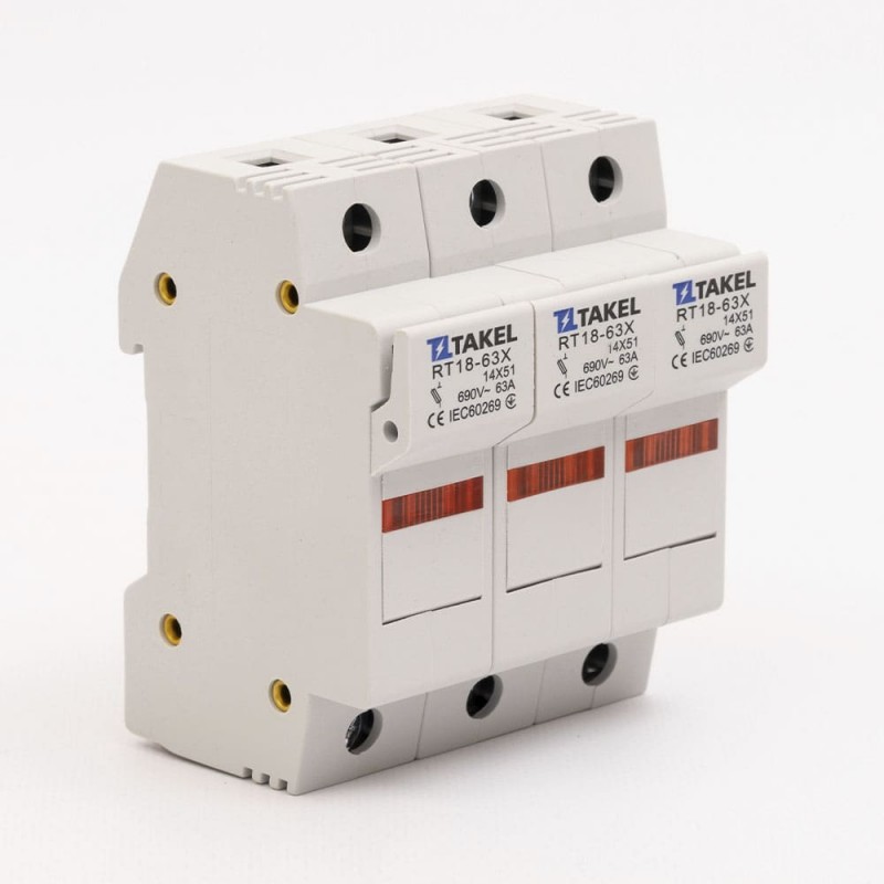 510622 - Держатель цилиндрического предохранителя RT18-63X, 3P, 63 A, 14×51 мм, 690 В AC, индикация, TAKEL