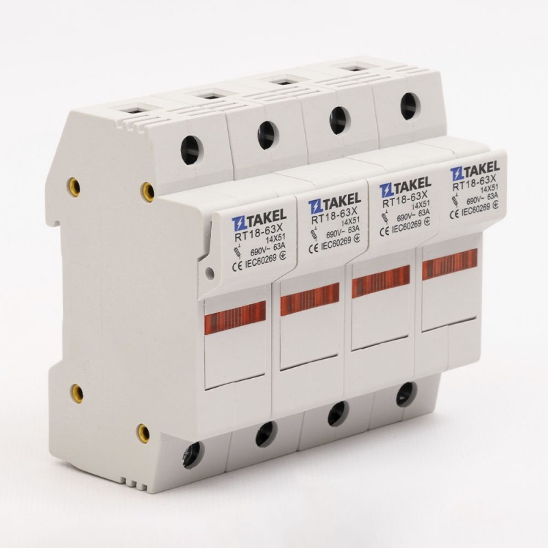 510623 - Держатель цилиндрического предохранителя RT18-63X, 4P, 63 A, 14×51 мм, 690 В AC, индикация, TAKEL