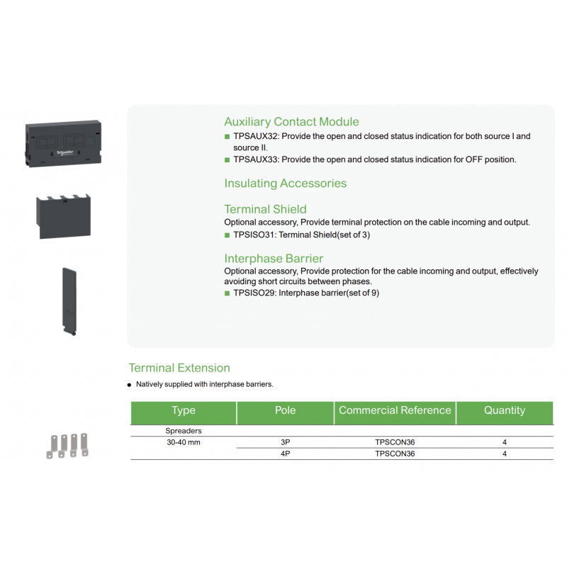 TPSCON36 - Комплект удлинительных шин (4 шт.) для TransferPact TA 160 A, Schneider Electric