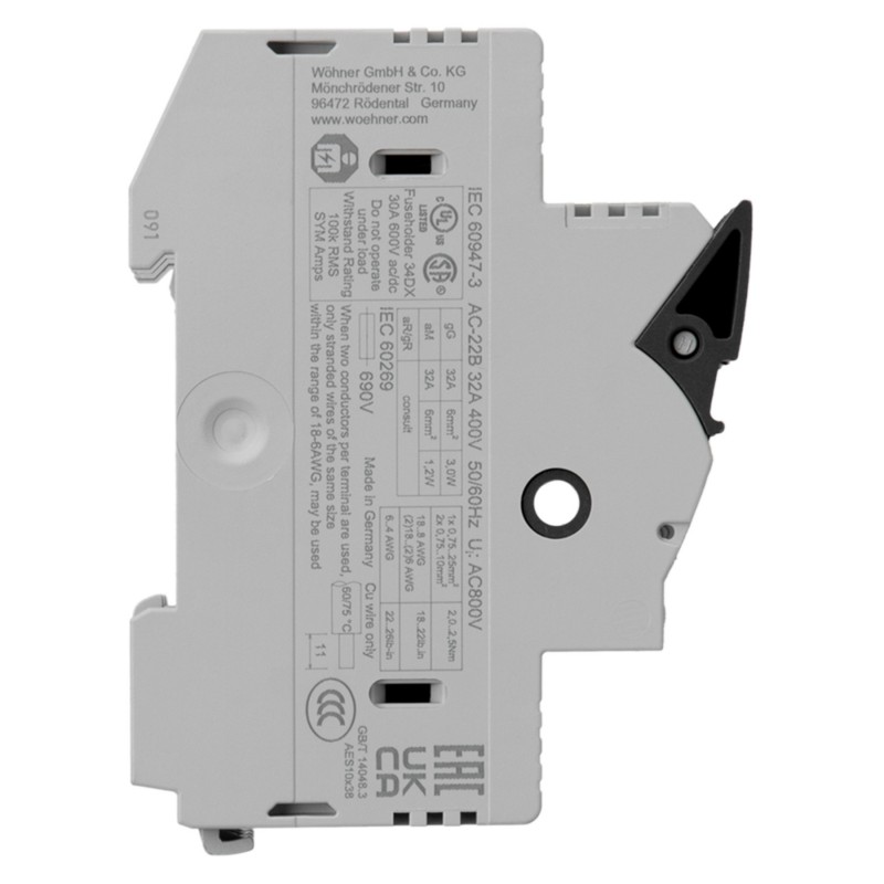 31113 - Разъединитель под предохранитель AMBUS, 3P Ie-32 A, 10×38 мм, Wöhner