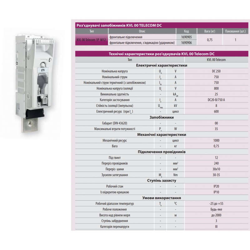 1690905 - Горизонтальный блок рубильник на панель KVL, 1P, In-160 A, NH-00, 250 В DC, М12, ETI