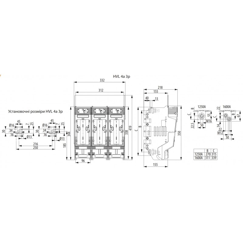 1692620 - Горизонтальный блок рубильник на панель HVL, 3P, Ie-1250 A, NH-4a,  M16, ETI