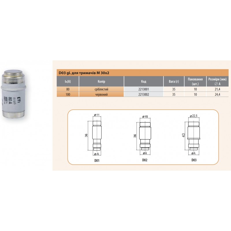 2213001 - Предохранитель D0 3 gL/gG 80 A, 400 В, ETI