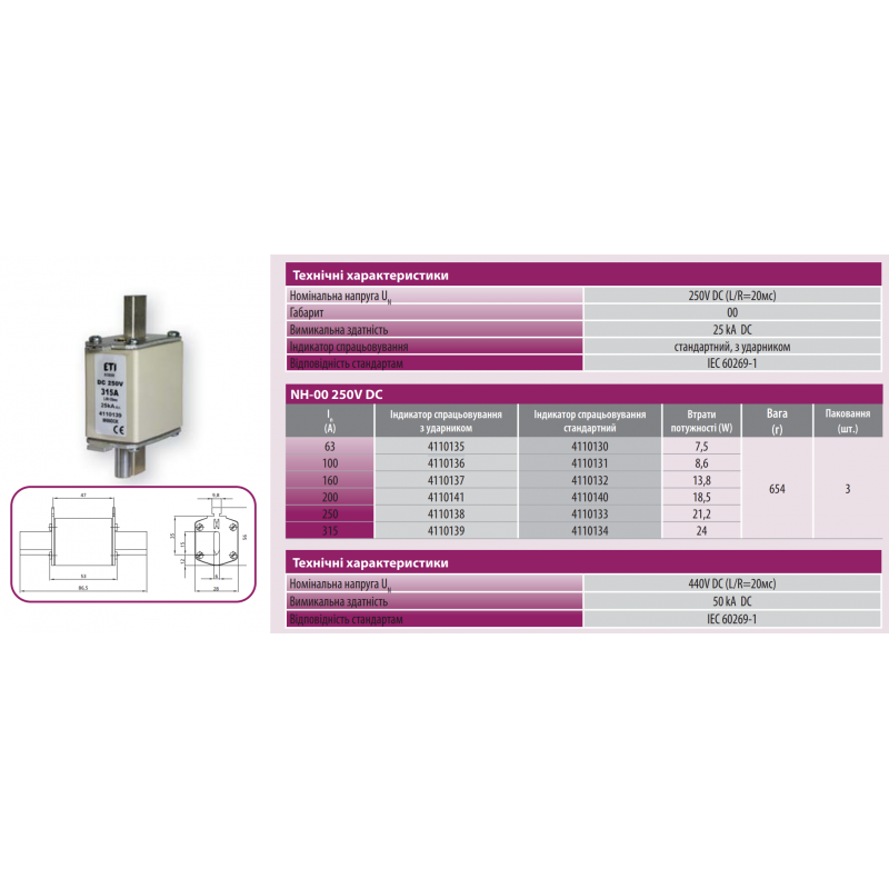4110139 - Предохранитель ножевой 315 A, NH-00, 250 В DC, с ударником, ETI