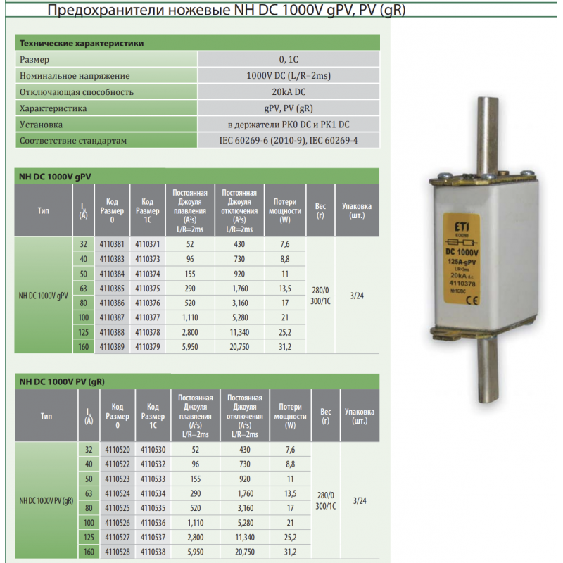 4110375 - Предохранитель ножевой 63 A, NH-1C, gPV, 1000 В DC, ETI