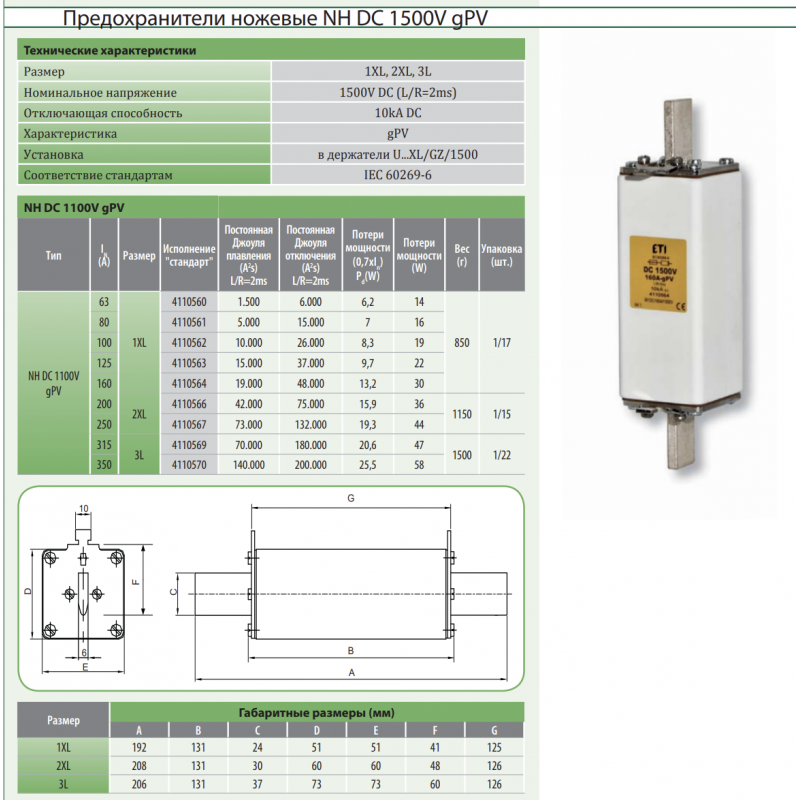4110567 - Предохранитель ножевой 250 A, NH-2XL, gPV, 1500 В DC, ETI
