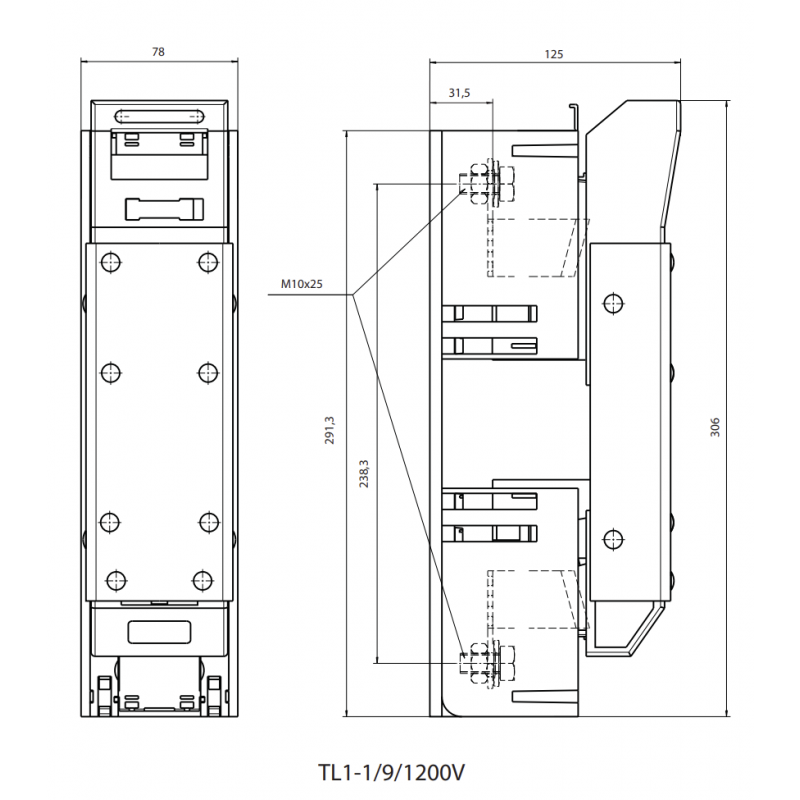 4122036 - Горизонтальный блок рубильник на панель TL, 1P, In-250 A, NH1XL, 1200 В AC/1000 В DC, ETI