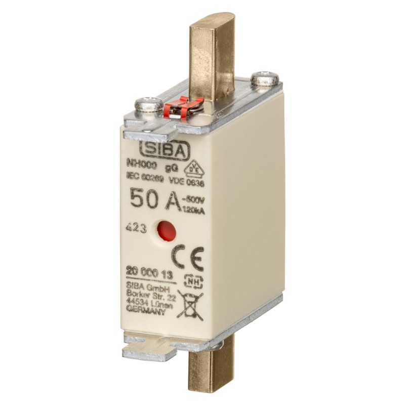 S20 000 13.50 - Предохранитель ножевой SIBA, 50 A, NH-000, gG, 500 В АС/440 В DC, Pronutec