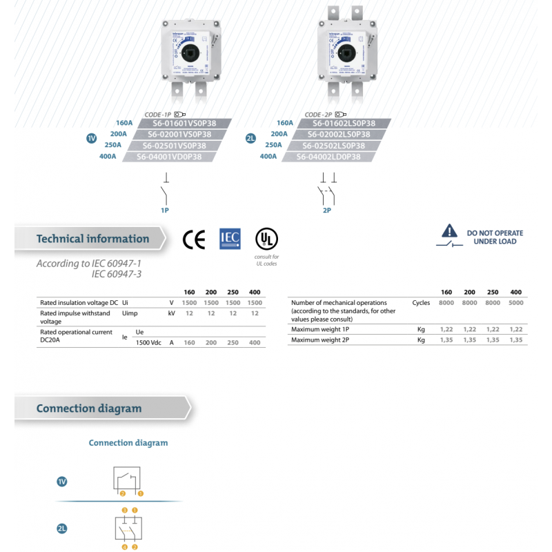 S6-04002LD0 - Выключатель нагрузки S6, 2P Ith-400 A, Ue-1500 В DC, Telergon