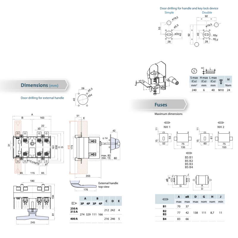 M2104003PSD20 - Выключатель под предохранитель M21, 3P Ith-400 A, предохранители NH-2, Telergon