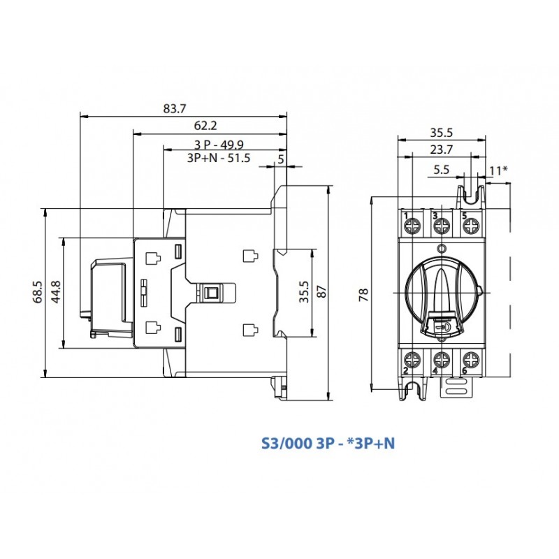 S3-00163P1DB - Выключатель модульный с прямой ручкой, 3P Ith-16 A, Telergon
