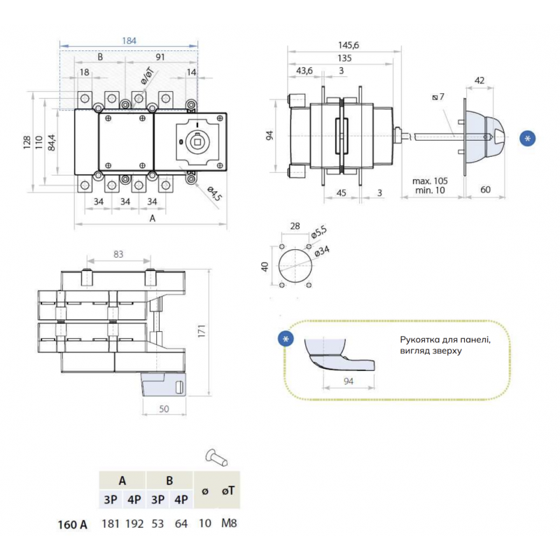 S5M01606PS0 - Выключатель нагрузки S5, 6P Ith-160 A, Ue-400 В АС, Telergon