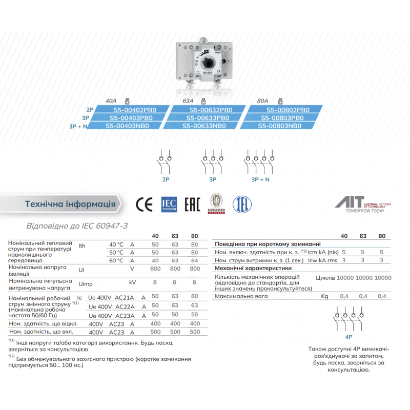 S5-00803PB0 - Выключатель нагрузки S5, 3P Ith-80 A, Ue-400 В АС, Telergon