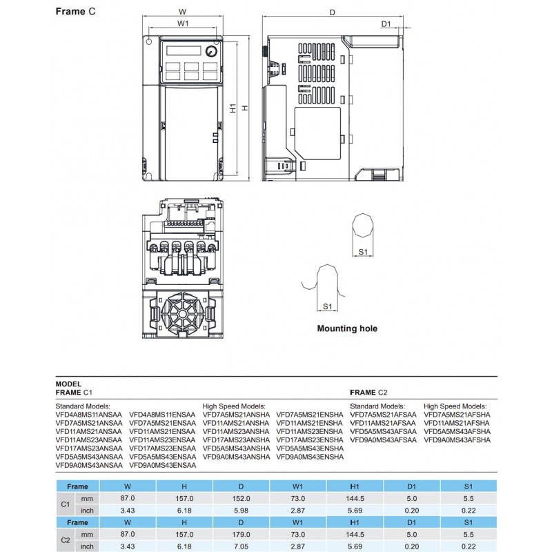(VFD5A5MS43AFSAA) Преобразователь частоты Delta electronics VFD-MS300, P=2.2 кВт, Uвх=3Фх380В/Uвых=3Фх380В