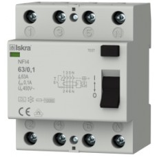 Дифференциальный выключатель нагрузки (УЗО) NFI4, 4P In-63А, 30mA, Тип A, 6kA, ISKRA (30104304000)