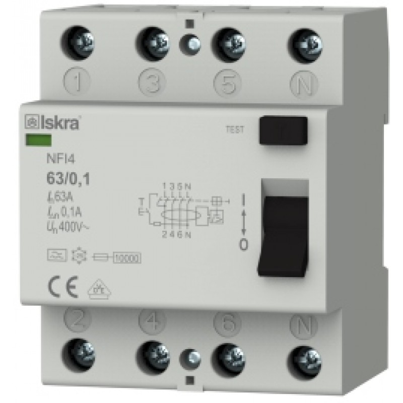 Дифференциальный выключатель нагрузки (УЗО) NFI4, 4P In-63А, 30mA, Тип A, 6kA, ISKRA (30104304000)