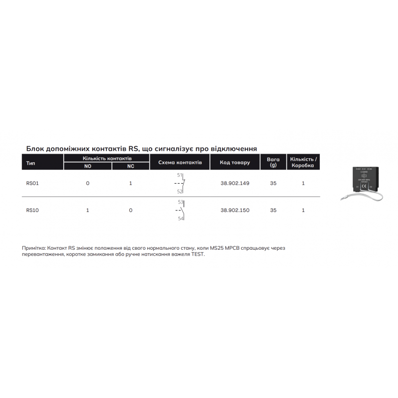 38902150000  - Дополнительный контакт состояния RS10. 1 NO для MS25. Iskra
