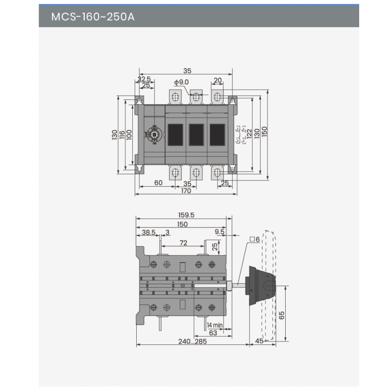 Переключатель нагрузки MCS (I-0-II), 3P Ith-250 A, Ue-415 В АС(AC23A) с прямой ручкой, EON (MCS-250A/3P)