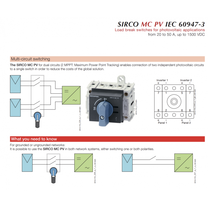 Выключатель нагрузки SIRCO MC PV (I-0), DC 1000 В, 2+2P Ith-40 A, модульный, Socomec (21PV4754)