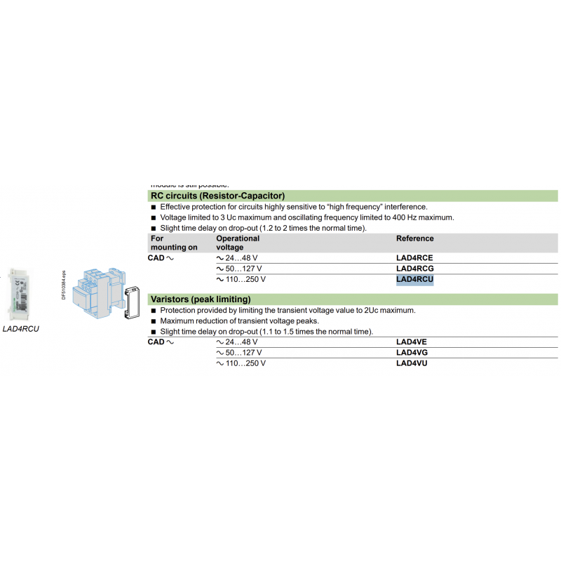 LAD4RCU - RC-фильтр помех для контакторов LC1‑D09… D38, (DT20… DT40‑4P), U=110-240 В AC, Schneider Electric